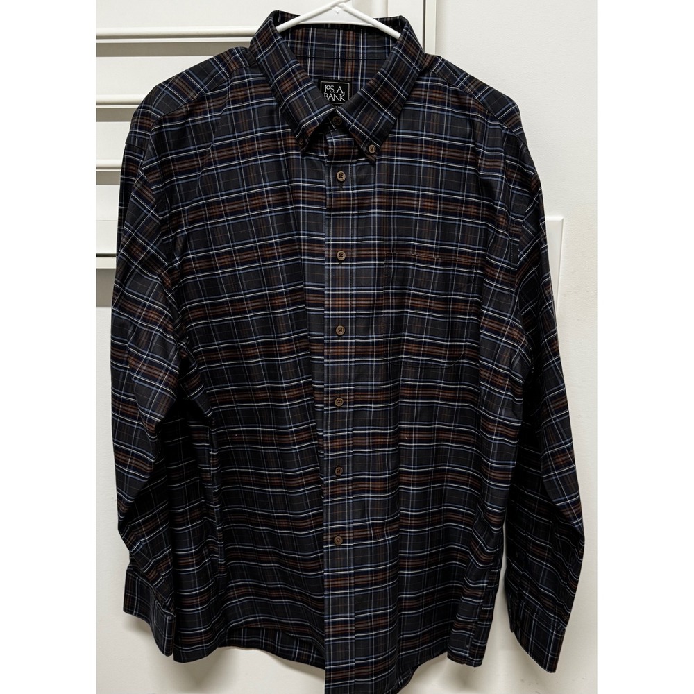 Jos A Bank Traveler Mens XL Traditional Fit Plaid Button Down Shirt Navy Brown